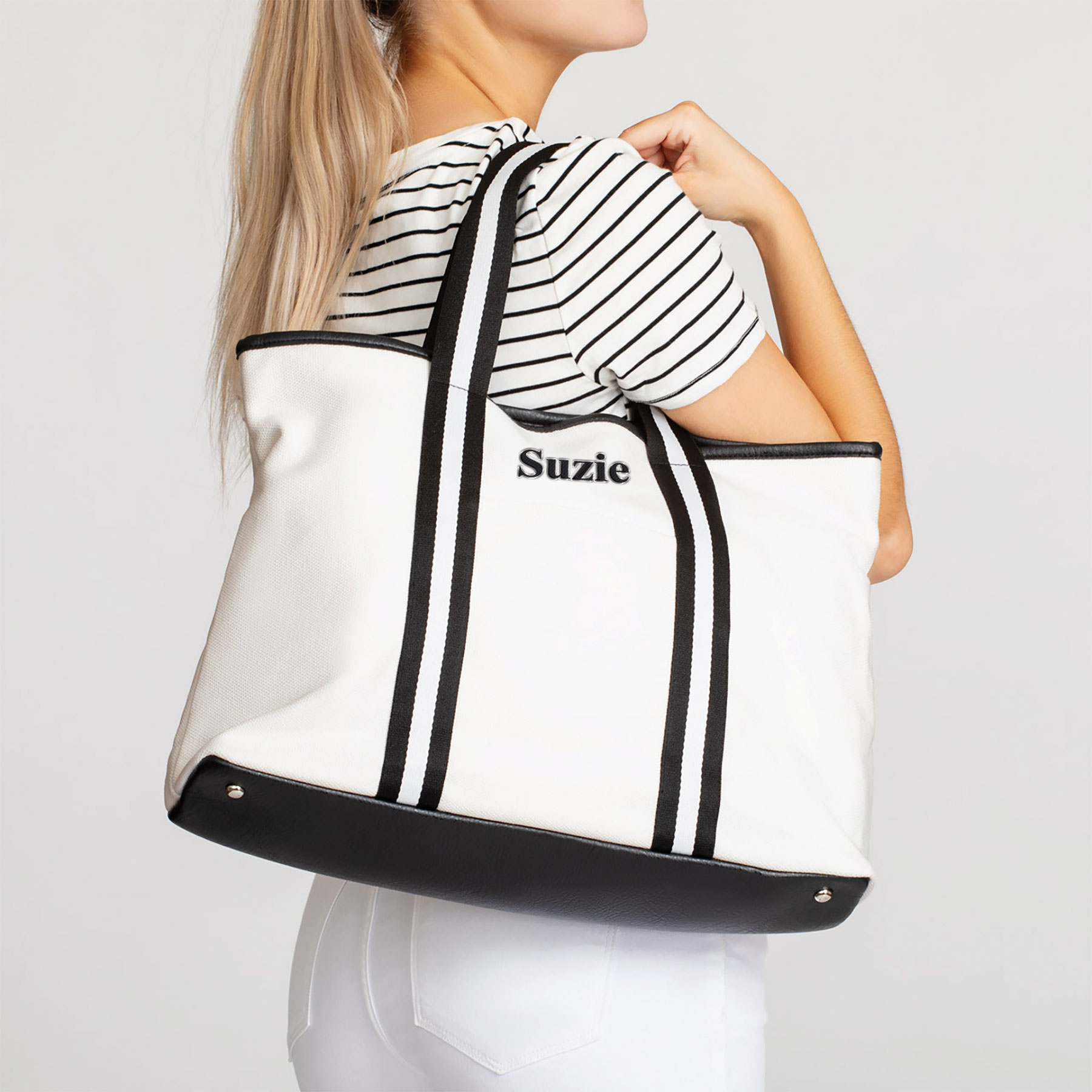 Embroidered White and Black Canvas Tote 12883